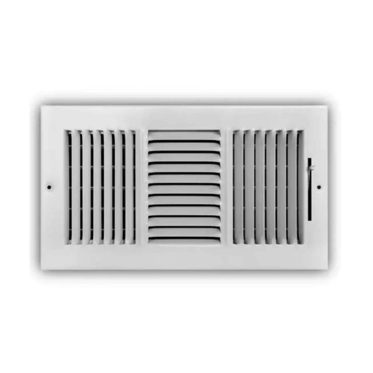 The Go Build 12 in. x 6 in. 3-Way Steel Wall/Ceiling Register – White features a powder-coated finish with a center of horizontal slats and vertical side slats for optimal airflow, shown on a plain white background.